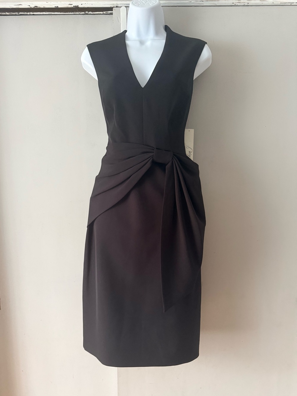 Eliza J Sleeveless V-Neck Black Sheath Dress with Draped Side Tie